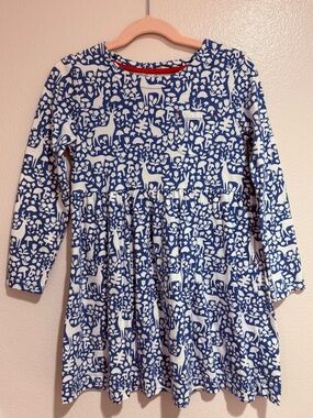 Mini Boden Blue and White Woodland Print Long Sleeve Dress